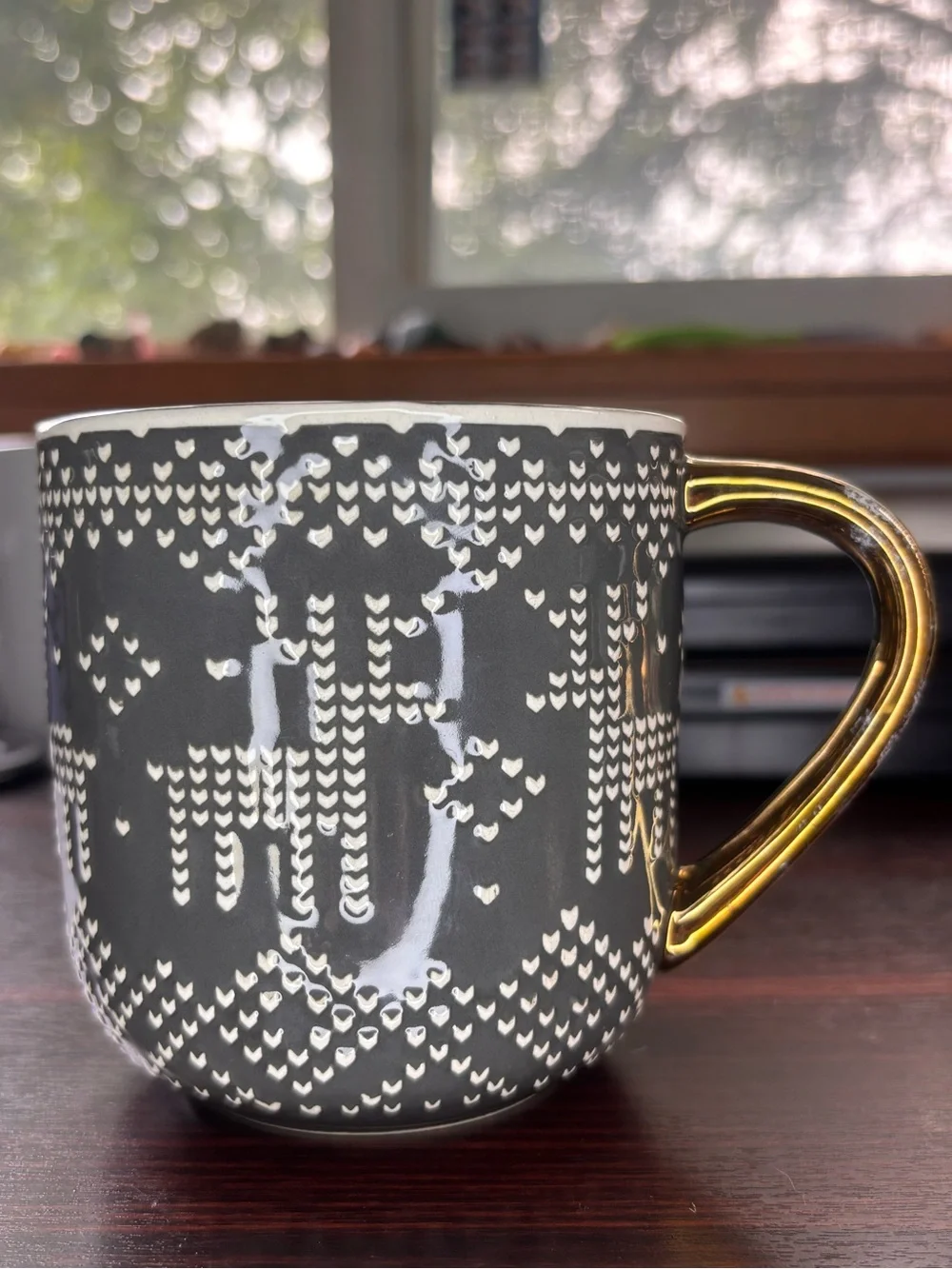 Threshold Gray Sweater Knit Reindeer Stoneware Coffee Mug Gold Handle 15 oz